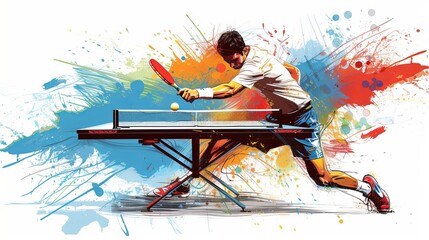 Table tennis player sketched by hand in color. Vector illustration - obrazy, fototapety, plakaty