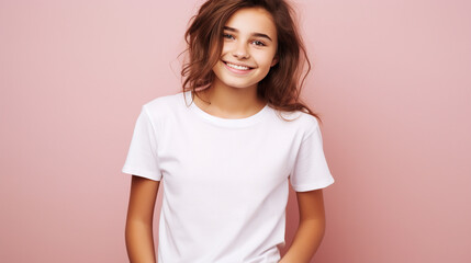 Fototapeta premium Smiling girl in white t-shirt on pink background mockup. Beautiful happy woman model looking at camera
