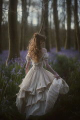 Fototapeta na wymiar Woman in a flowing vintage dress wandering through a forest with bluebells.
