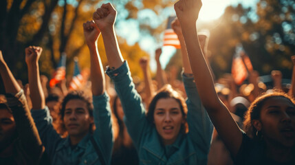 Fototapeta premium Group of diverse protesters with raised fists in a demonstration.