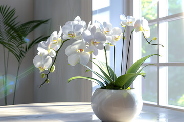 vase with orchid flowers on white table near window indoors. vases of flowers on window sill