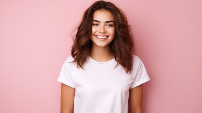 Smiling girl in white t-shirt on pink background mockup. Beautiful happy woman model looking at camera