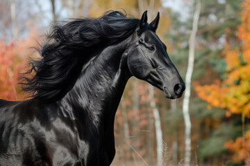Obraz na płótnie Canvas Black Horse Galloping in Field