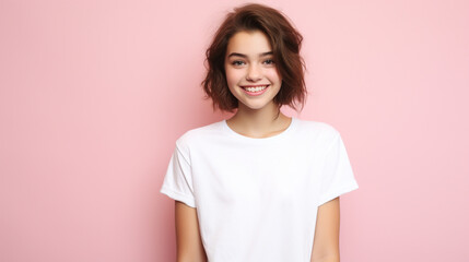 Smiling girl in white t-shirt on pink background mockup. Beautiful happy woman model looking at camera