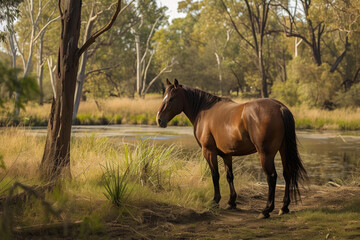 Brown Horse Standing Next to a Body of Water