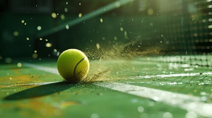 On a green tennis court, a yellow tennis ball floats through the air and leaves a trail behind when hit by a powerful racket