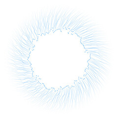 Circle of blue lines and dots on white background, creating an effect of movement and energy. The threads move towards the center of the image. Vortex of optical fibers. EPS vector illustration