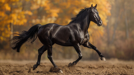 Black Horse Galloping Through Field