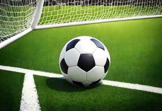 soccer ball in goal net on green grass closeup