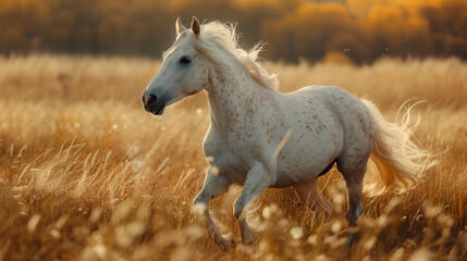Obraz na płótnie Canvas White Horse Running Through Field of Tall Grass