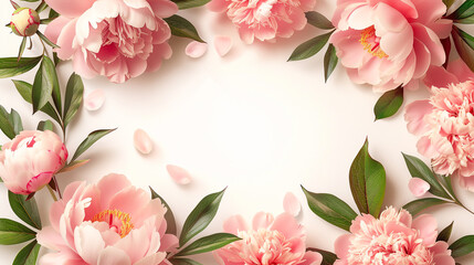 Beautiful floral background frame with pink peonies with green leaves on white background. Banner template for beauty spa wellness natural cosmetics concept