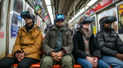 People wearing virtual reality glasses ride the subway