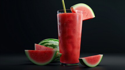 watermelon smoothie, watermelon slices on black background. a glass of refreshing watermelon juice