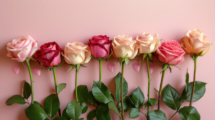 A Row of Pink and Red Roses on a Pink Background