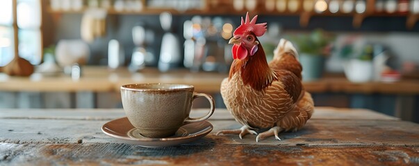 A rustic cafe setting with a hen enjoying a cup of coffee. Concept Rustic Cafe, Hen, Coffee, Cozy Atmosphere, Farmhouse Vibes - obrazy, fototapety, plakaty