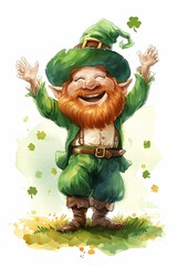 Vertical banner for St. Patrick's Day. Watercolor leprechaun with a bouquet of flowers on a white background. Happy St. Patrick's Day.