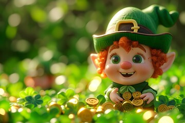 Leprechauns in green clothes are looking for gold in the garden. Realistic style. St. Patrick's Day theme.