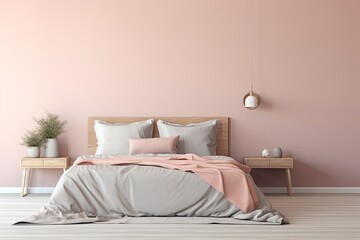 bedroom in a minimalist Scandinavian style in dusty pink with a chalky blue undertone - obrazy, fototapety, plakaty