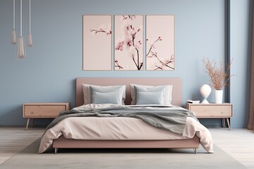 design interiors of bedroom in a minimalist Scandinavian style in a muted dusty pink shade with a honey-blue undertone, with flowers