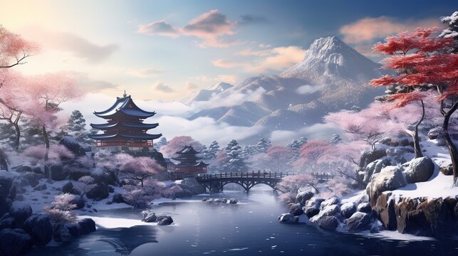 japanese castle in pink tree zen garden winterview , ai generative Pro Photo