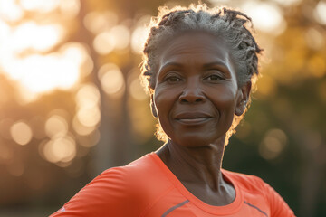 Senior African woman running in the park under the morning sun, health and activity in old age