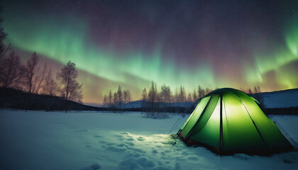 modern camping tent and northern lights landscape in winter, long exposure technique

