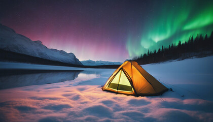 modern camping tent and northern lights landscape in winter, long exposure technique

