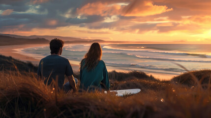 A young surf couple watch sunset over the beach sitting on the grass on the hill