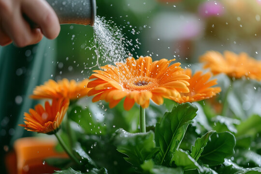 A gardener at home on the balcony plants flowers and sprays a beautiful orange flower with water. Home decoration in spring, gardening hobby