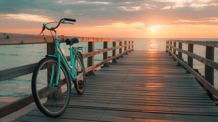 Lonely beautiful mint bike on wooden boardwalk to sea with soft sunset