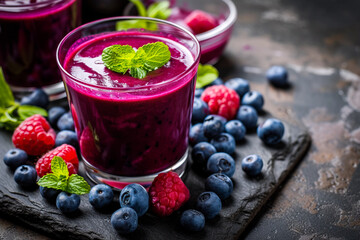 In a holistic vegan cafe or juice bar, delicious natural acai and other berry juice made only from organic ingredients is on the table. Healthy lifestyle and food choices