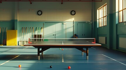 Ping pong table, table and balls in a sport hall. table tennis - obrazy, fototapety, plakaty