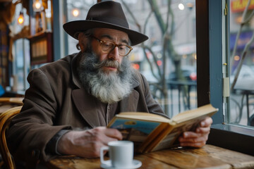 Middle aged man jewish nationality spends afternoon or morning in trendy or hipster coffee shop, sips on coffee while reading book