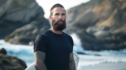 Portrait of young professional surfer man with tattoos and beard, who wears blank black tshirt and holds his surfboard under arm