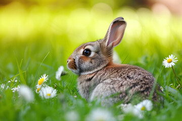 Fototapeta premium Rabbit on the grass, in dandelion and chamomile flowers