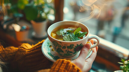 Soft focus shot of hand holding cup with fresh mint and ginger tea or infusion, served in cafe or coffee shop on cold winter morning, concept cosy, hot beverage and flu home medicine