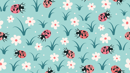 cute abstract simple seamless vector pattern background illustration with daisy flowers and red ladybug insects	