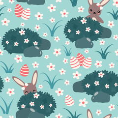 cute cartoon rabbit and easter eggs in the meadow seamless vector pattern background illustration	