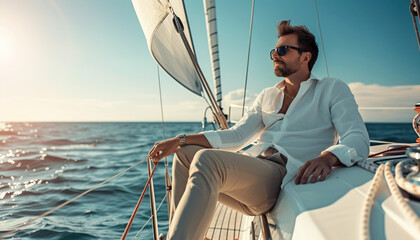View on professional sailor or captain of sailboat or yacht, sits on deck and maneuvres boat into...