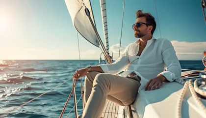 Tuinposter View on professional sailor or captain of sailboat or yacht, sits on deck and maneuvres boat into turn on warm sunny day in bay, on luxurious vessel during vacation or summer holiday lifestyle © v.senkiv