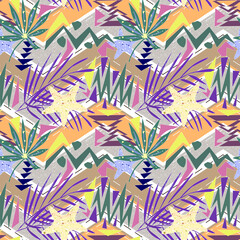 Seamless bright tropical beach pattern with starfish and palm leaves. - 736991136