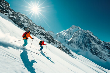 Wide shot of two skiers on randonneuring skis on a steep snowy mountain slope. Extreme sports adventures, ski tourism on a sunny mountain slope. Skiing on fresh snow