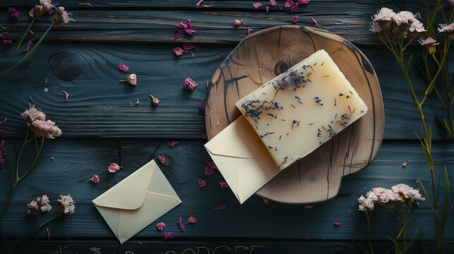 Top view of still life with handmade organic rustic soap with dried flowers, soap-dish and little white cute romantic envelope on dark wooden table background