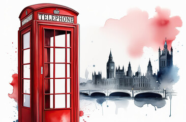Fototapeta na wymiar Beautiful watercolor illustration of red London telephone boxes in London, UK.
