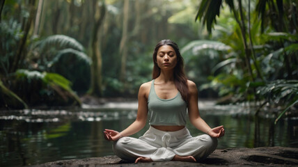 Fototapeta na wymiar Natural beautiful woman practising yoga and meditation in the tropical rainforest