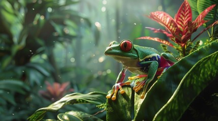Mystical Rainforest with Life and Vibrant Colors where Exotic Frog with Bright Patterned Skin Leap from Leaf amidst Backdrop of Lush Verdant Foliage and Misty Air created with Generative AI Technology
