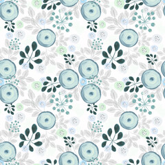 Seamless retro floral pattern, Delicate light greenish blue flowers on a white background. - 736991776
