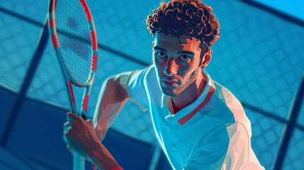 sport, focus, rivalry, recreation, and concept of game. Young concentrated man guy tennis player character staying focused in ready position.  - obrazy, fototapety, plakaty