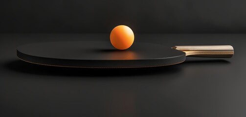 table tennis racket with orange ball on black table. black background. black tones