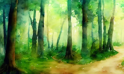 Gordijnen Forest path with watercolor effect wall wallpaper © Narong